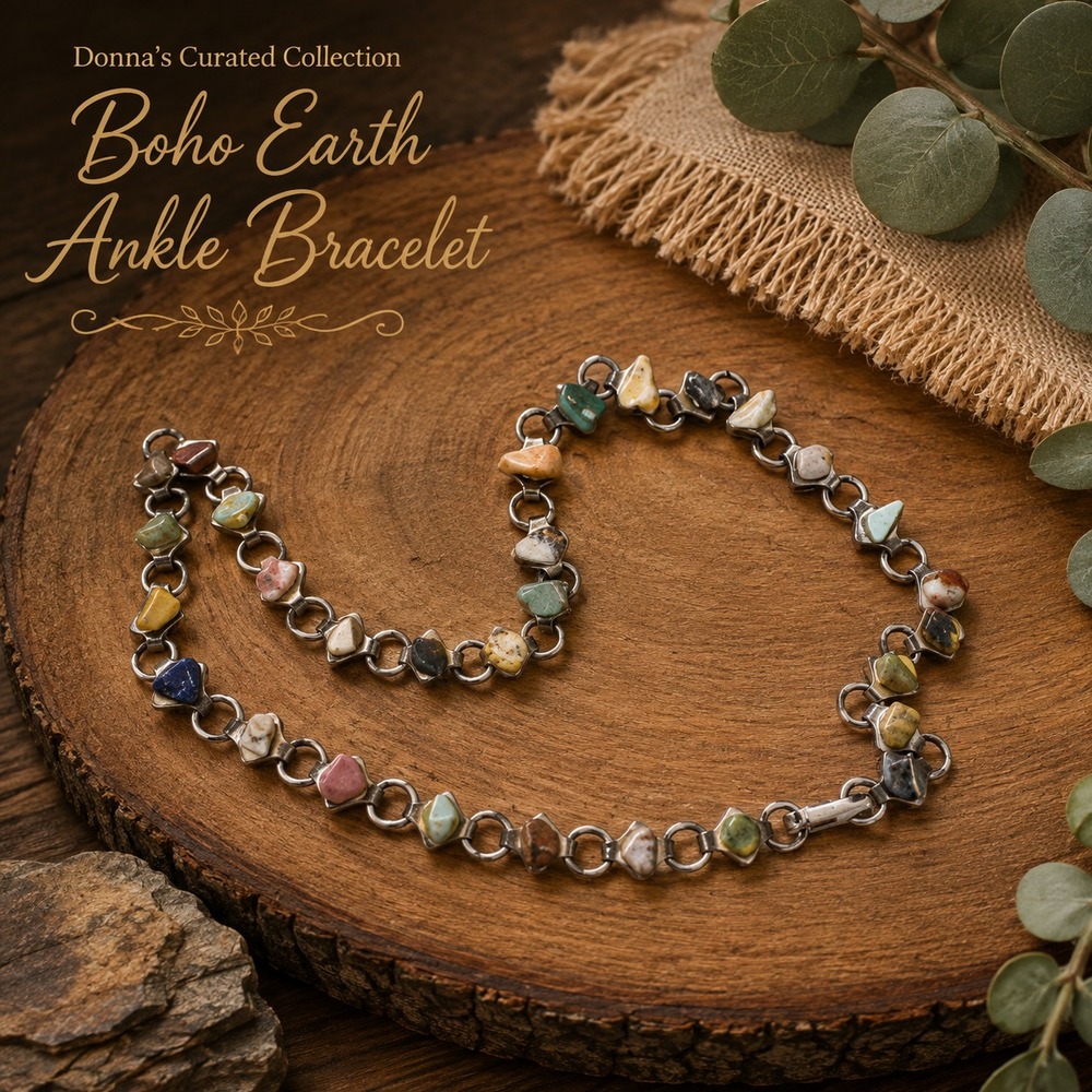 Boho Earth Natural Stone Chip Anklet Silver Tone Multi Color Ankle Bracelet